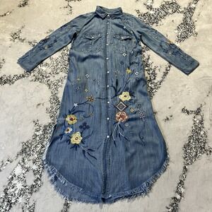 Karyn Seo Shirt Dress Womens Sz XS Nika Floral Hand Embroidered Midi Raw Edge